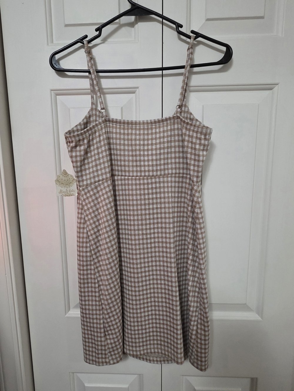 Altar’d State Brown Tan Checkered Mini Dress Front Slit Gingham Boho Chic NWT M - Picture 4 of 11